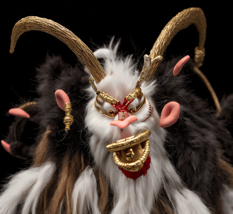 Detailed White and Brown Fur Mask with Golden Horns and Red Eyes