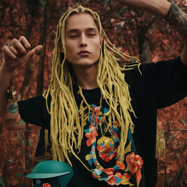 Person with Yellow Dreadlocks and Tattoos in Floral Shirt Against Autumn Leaves