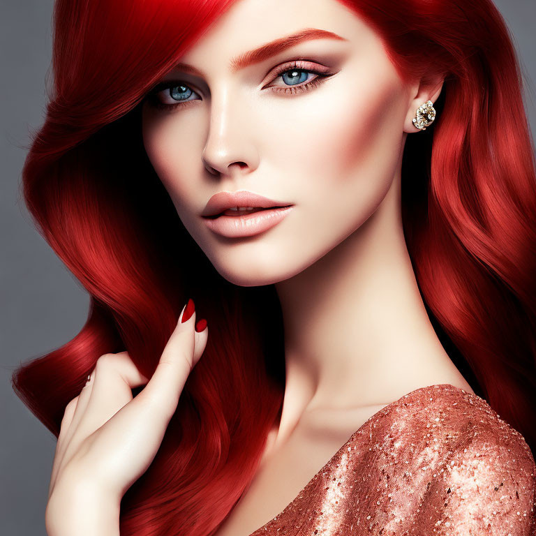 Vibrant red-haired woman in gold dress with blue eyes and diamond earring