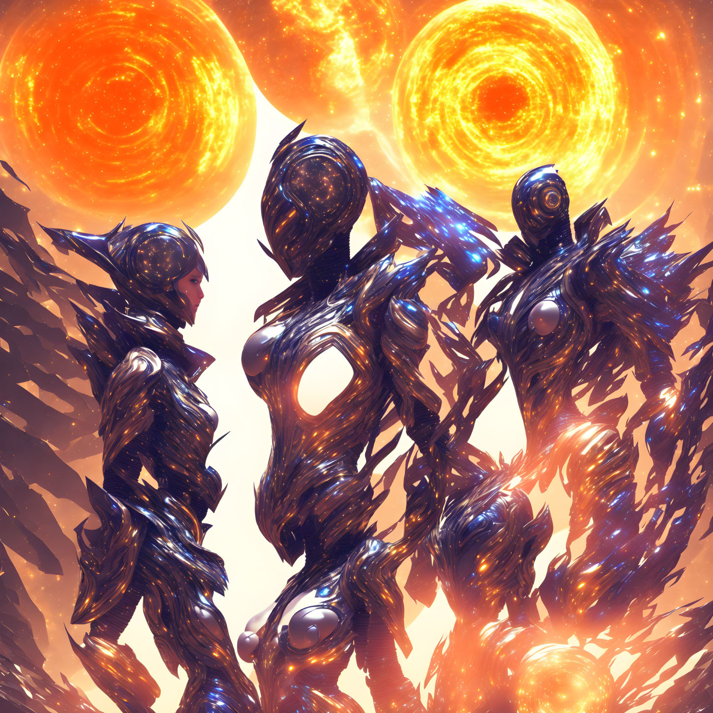 Futuristic armored figures with dual sun backdrop