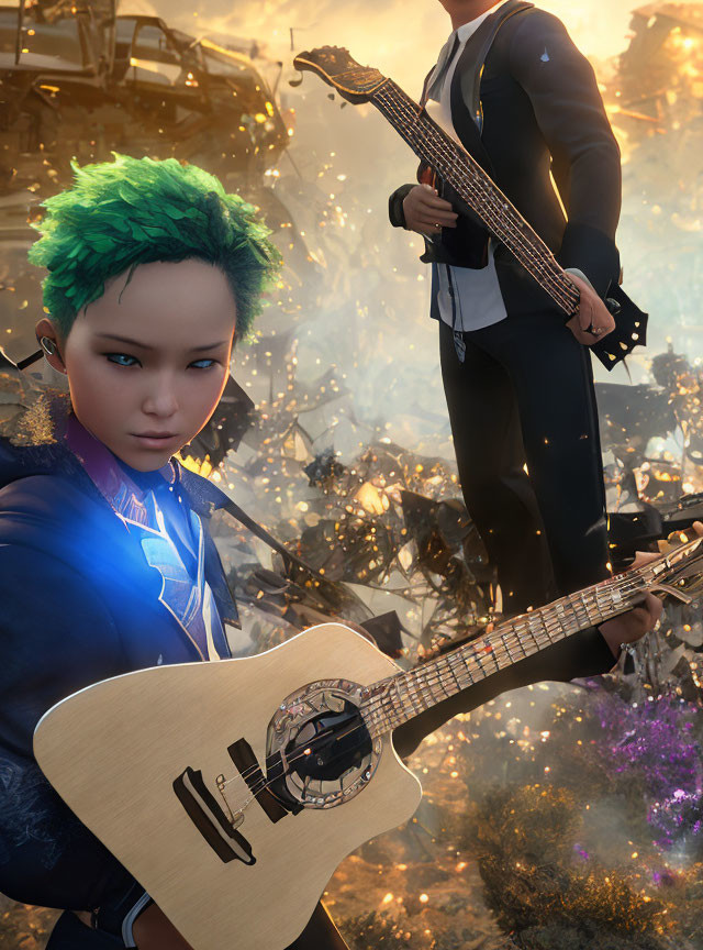 Futuristic image of person with green hair and figure in suit with bass guitar amidst floating debris