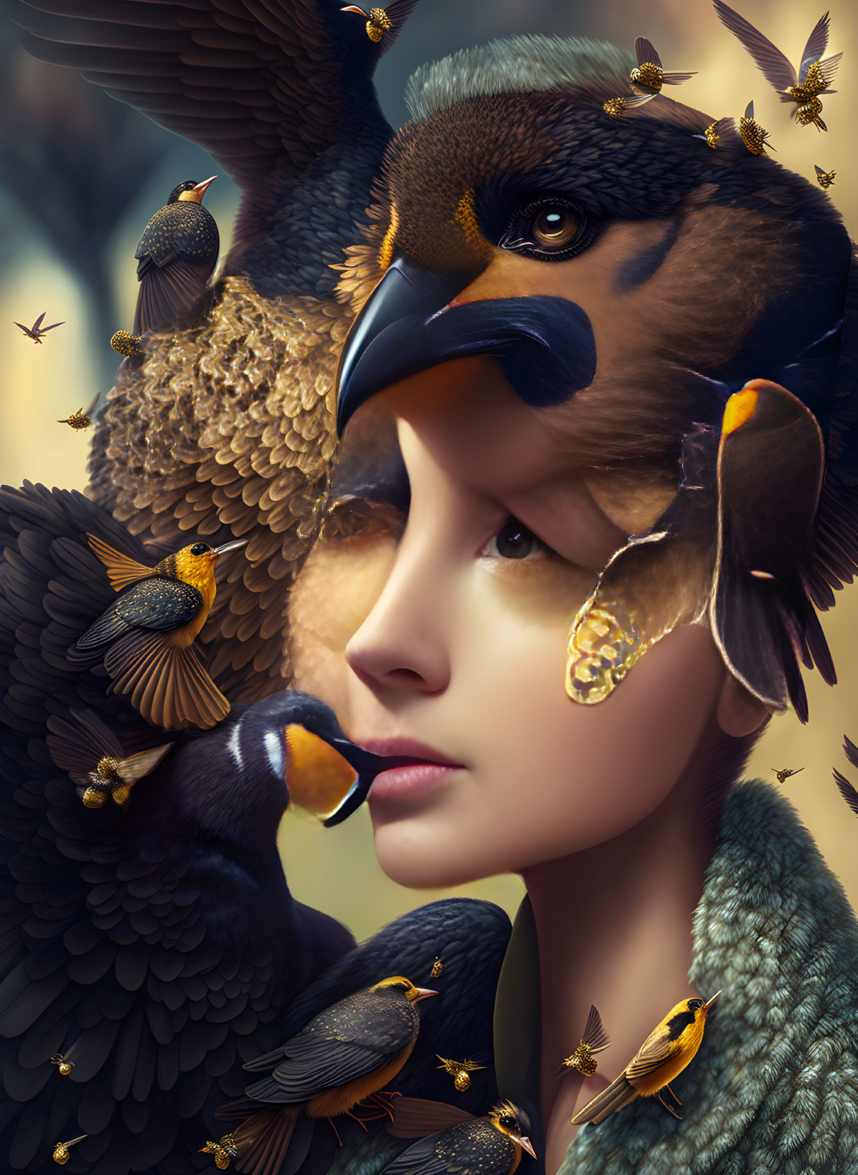 Surreal portrait of woman with bird features and bees in intricate detail