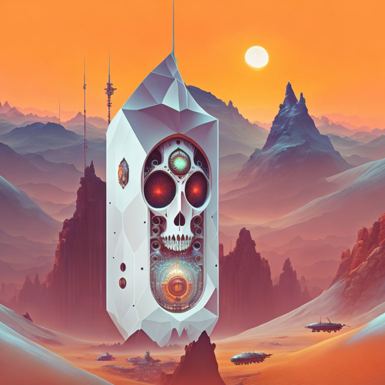 Surreal landscape with orange skies, skull-shaped structure, desert dunes, futuristic towers, flying