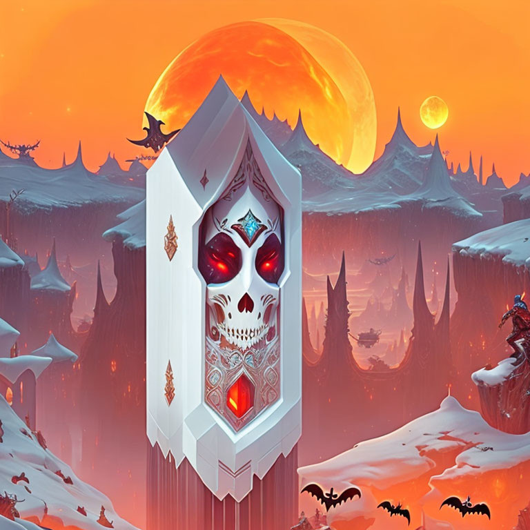 Fantastical landscape with skull tower, giant moon, snowy terrain, bats, spires, orange