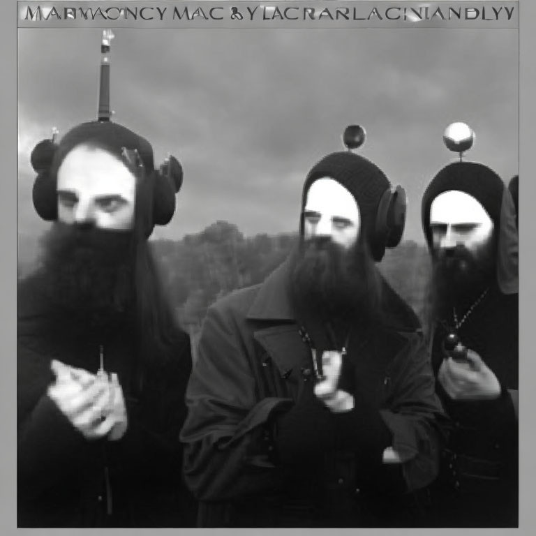 Monochrome triple bearded men with headphones on cloudy sky.