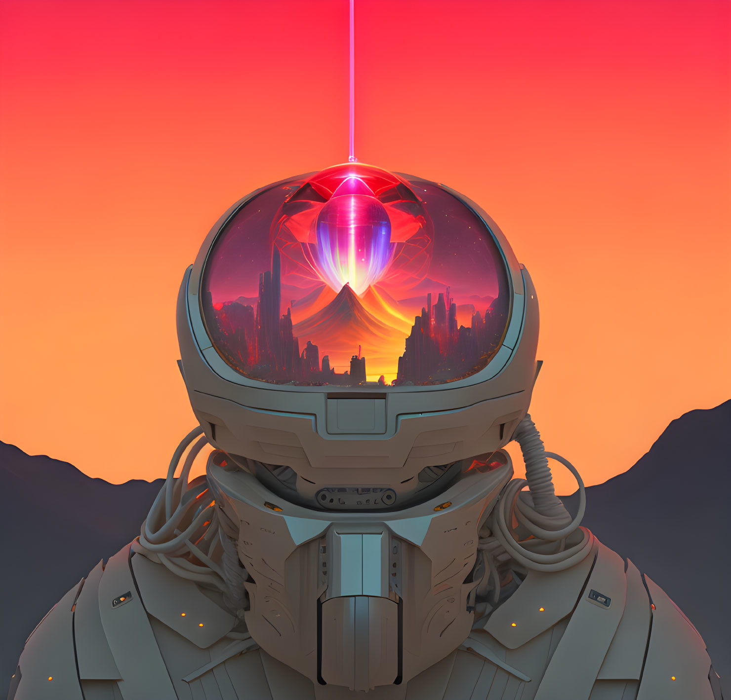 Futuristic astronaut with glowing crystal in helmet visor against cityscape sunset.