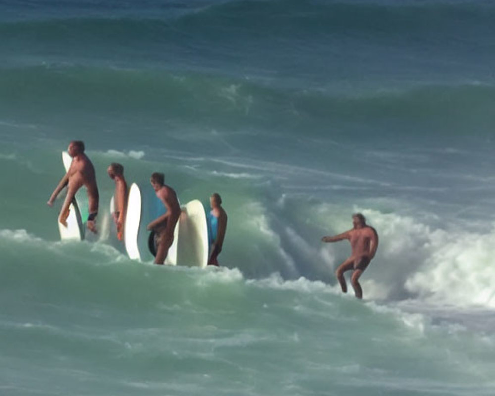 Surfers with boards riding waves in the ocean