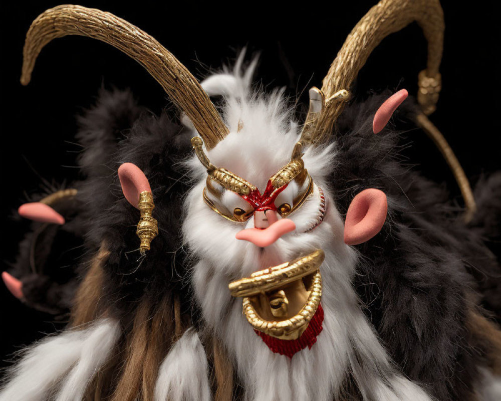 Detailed White and Brown Fur Mask with Golden Horns and Red Eyes