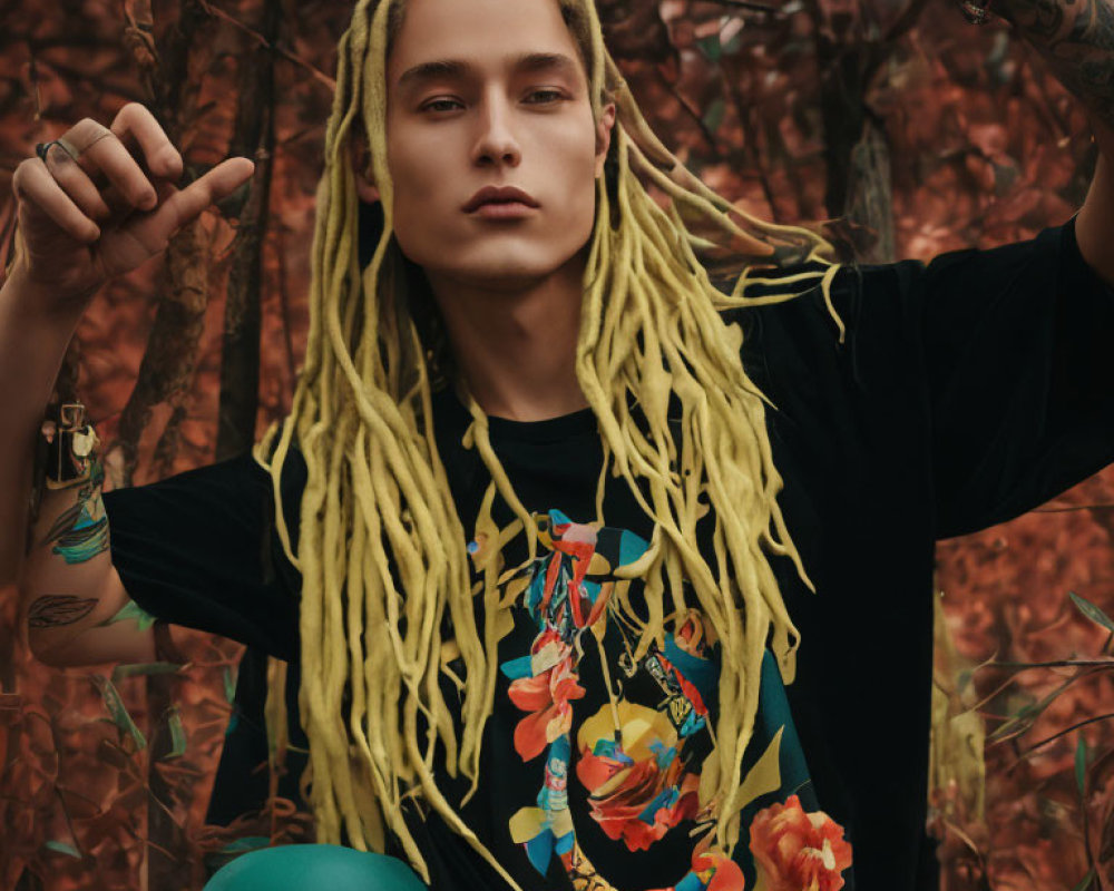 Person with Yellow Dreadlocks and Tattoos in Floral Shirt Against Autumn Leaves