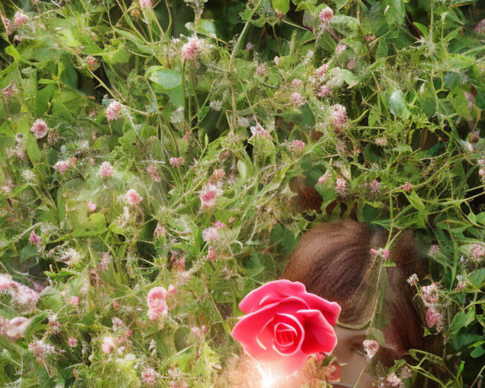 Person peeking through lush greenery with red rose and pink blossoms