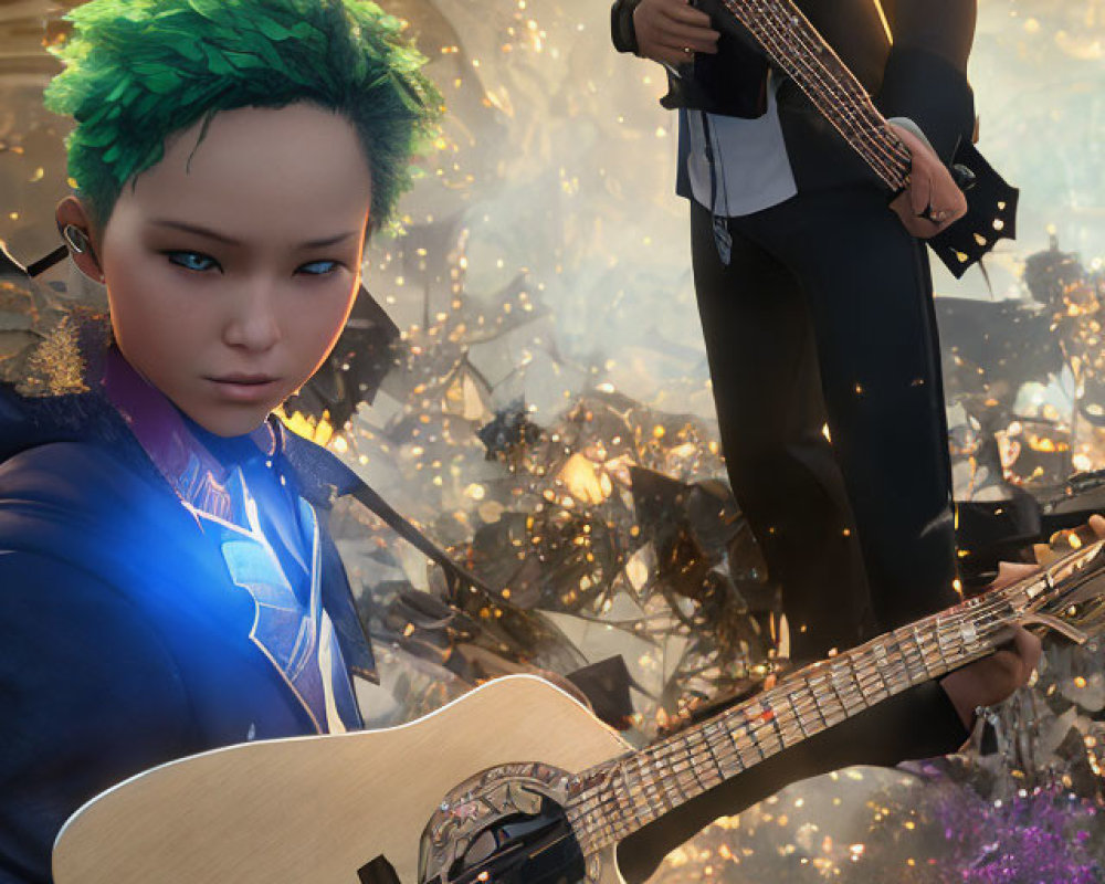 Futuristic image of person with green hair and figure in suit with bass guitar amidst floating debris