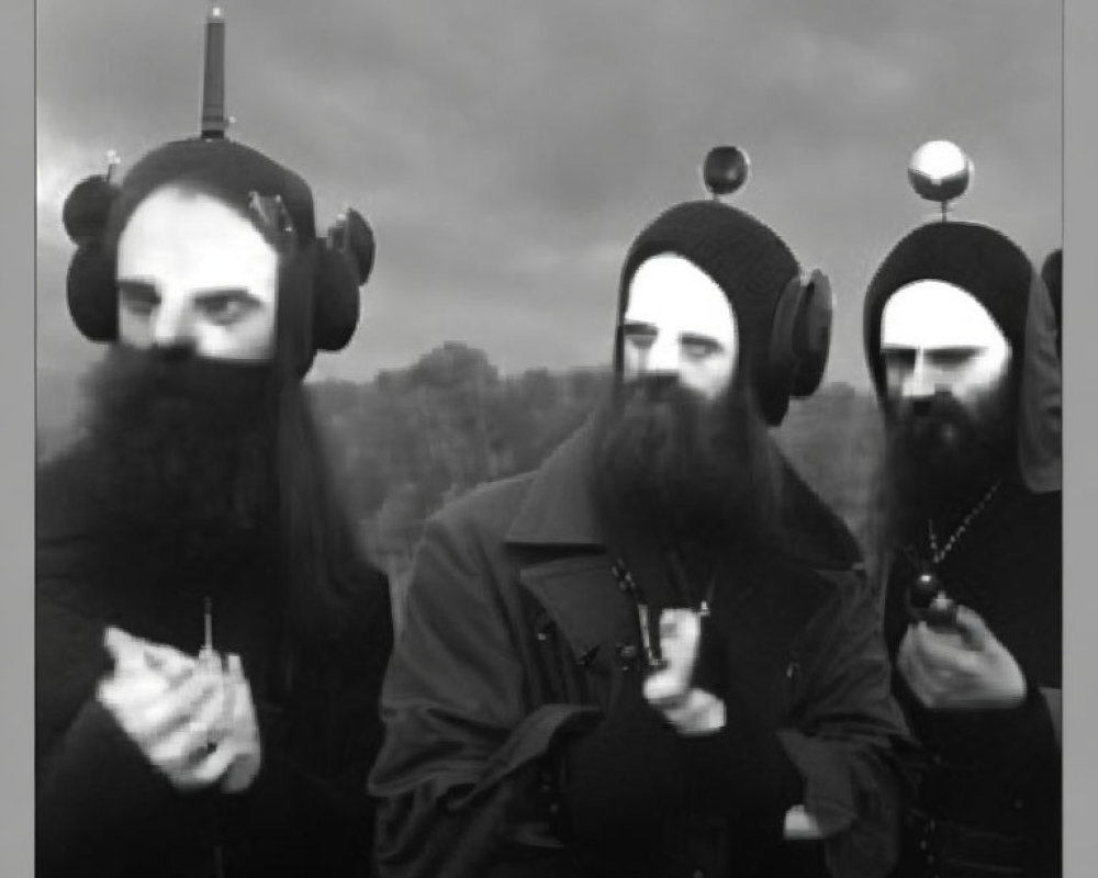 Monochrome triple bearded men with headphones on cloudy sky.