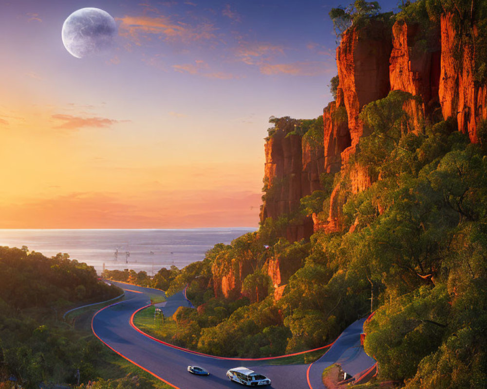 Scenic winding road in lush landscape with red cliffs and large moon