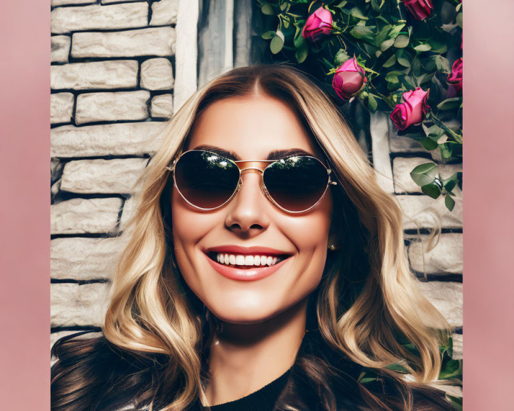 Blond woman in sunglasses in front of stone wall with pink roses