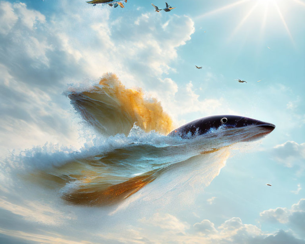 Whale breaching through clouds with plane and birds in surreal sky