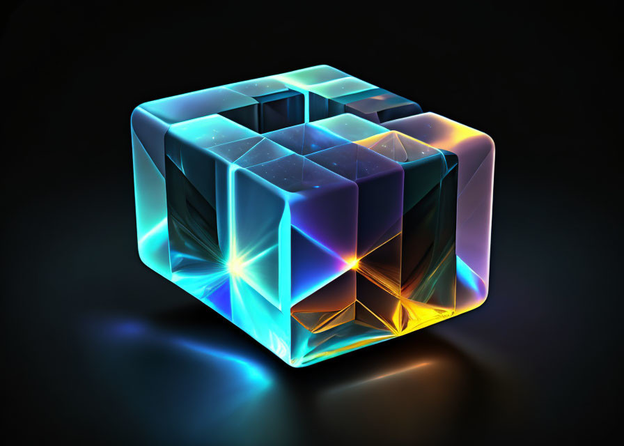 Transparent Glowing Cube with Neon Light Effect on Dark Background