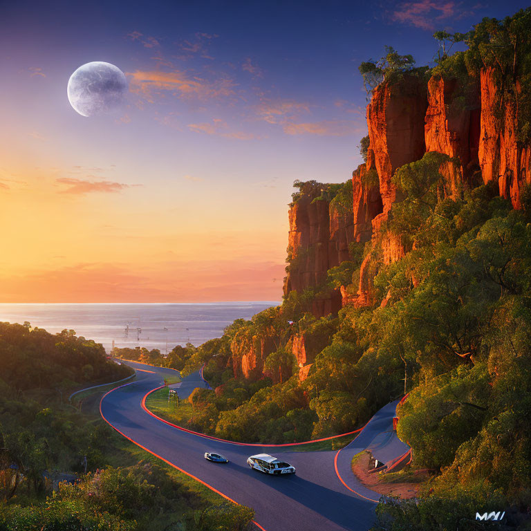 Scenic winding road in lush landscape with red cliffs and large moon