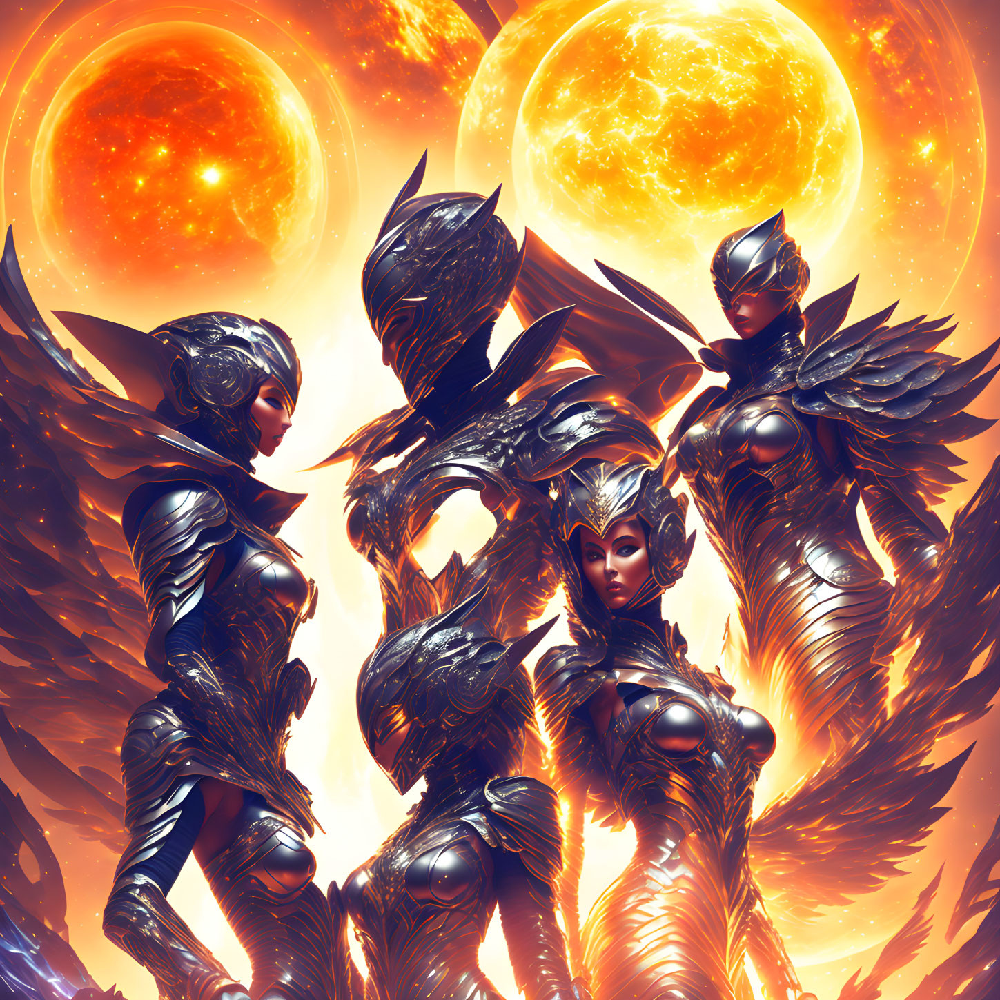 Three futuristic warriors in elaborate armor against fiery dual sun backdrop