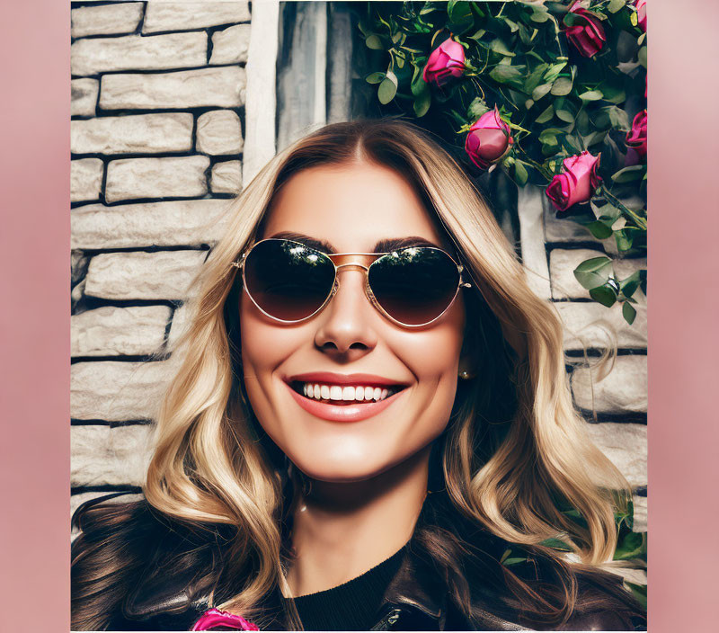 Blond woman in sunglasses in front of stone wall with pink roses