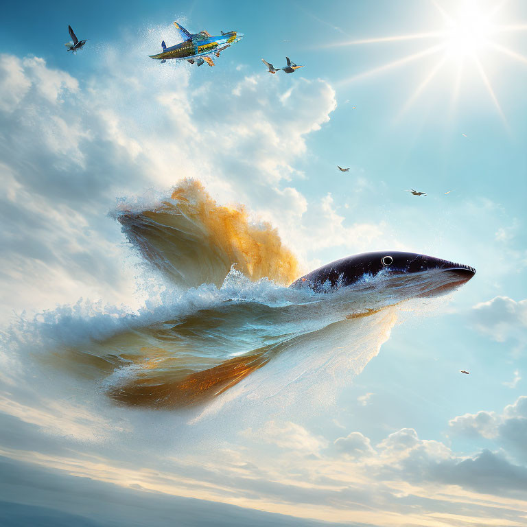 Whale breaching through clouds with plane and birds in surreal sky