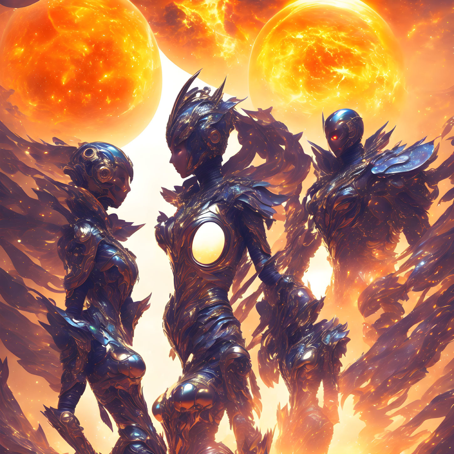 Three armored alien beings under a dual-sun sky, bodies reflecting intense orange light