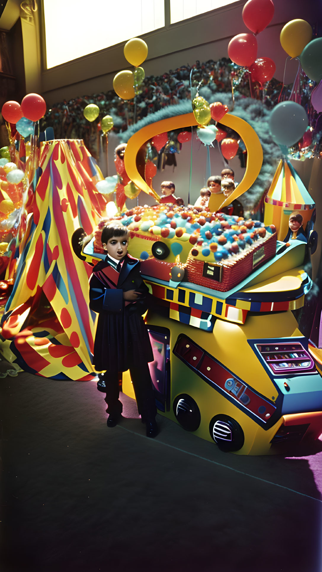 Child in Blue Coat Surrounded by Colorful Arcade Game and Balloons