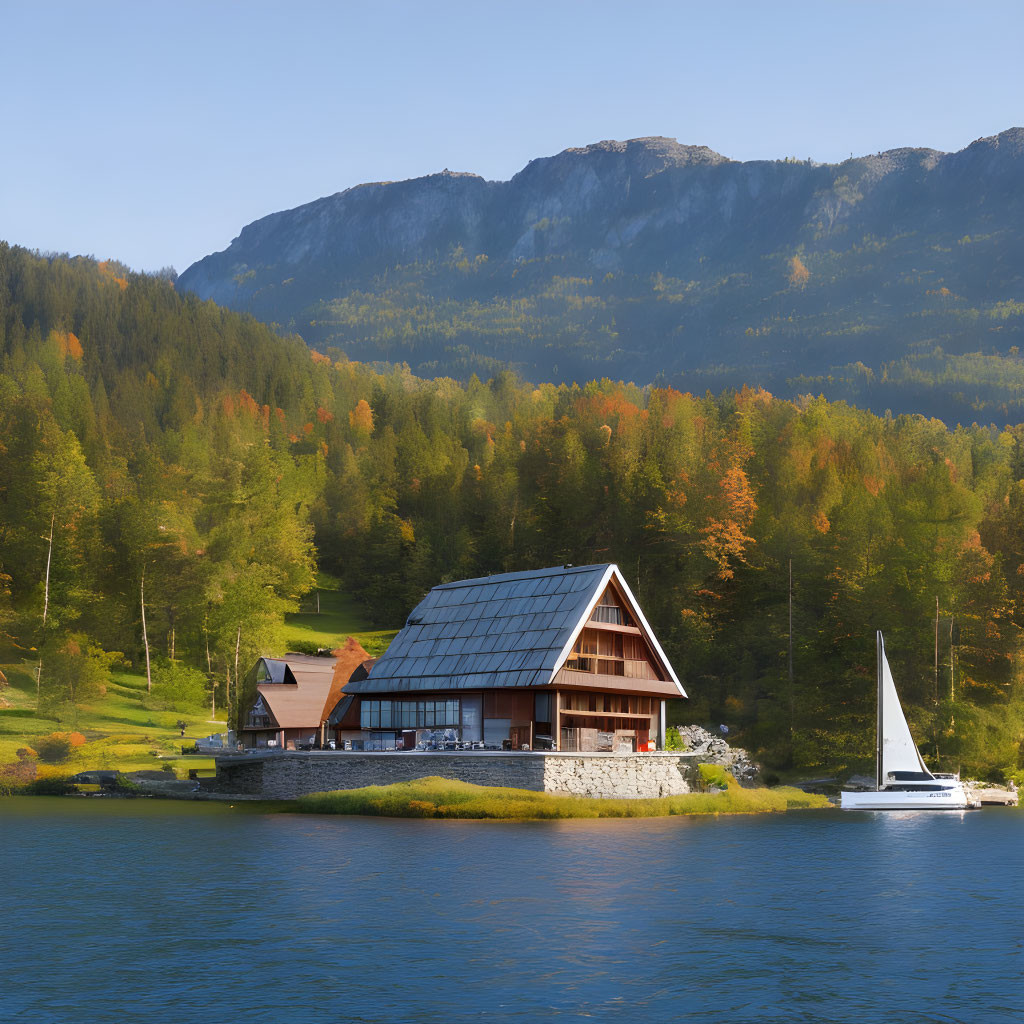 Autumn lakeside house with sailboat, mountains, and trees