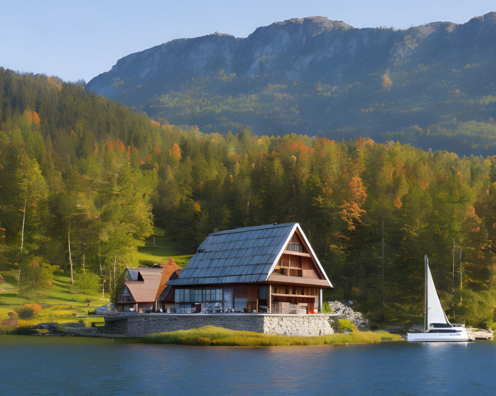 Autumn lakeside house with sailboat, mountains, and trees