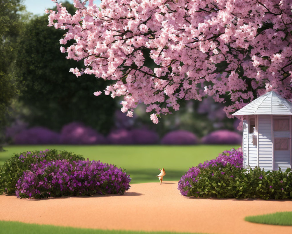 Tranquil garden path with purple flowers, white gazebo, cherry tree, and greenery