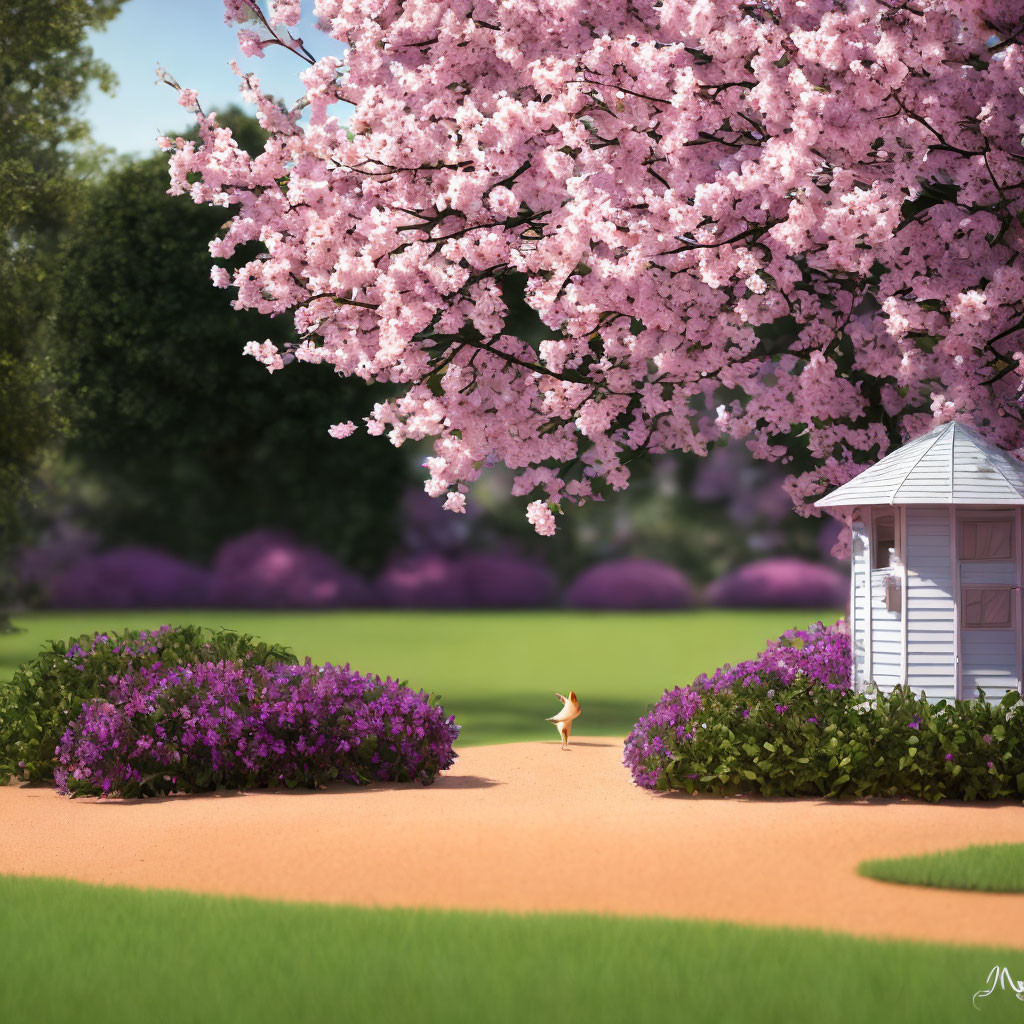 Tranquil garden path with purple flowers, white gazebo, cherry tree, and greenery