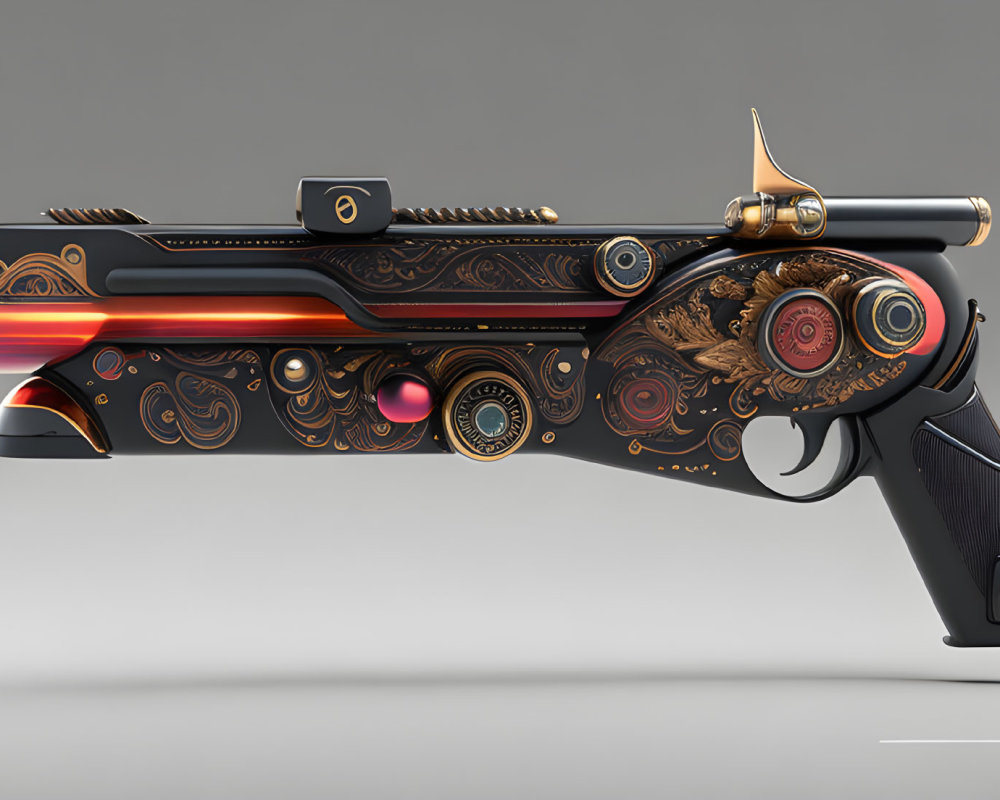 Highly Stylized Ornate Firearm with Gold and Black Details