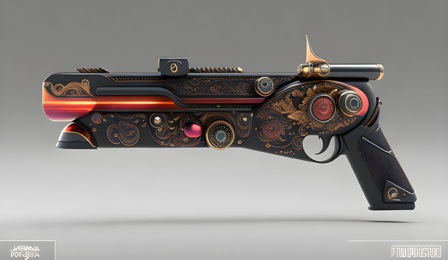 Highly Stylized Ornate Firearm with Gold and Black Details