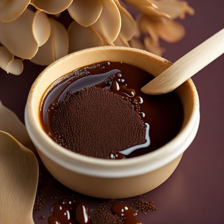 Silky Chocolate Ganache Bowl with Cocoa Powder and Wooden Spoon