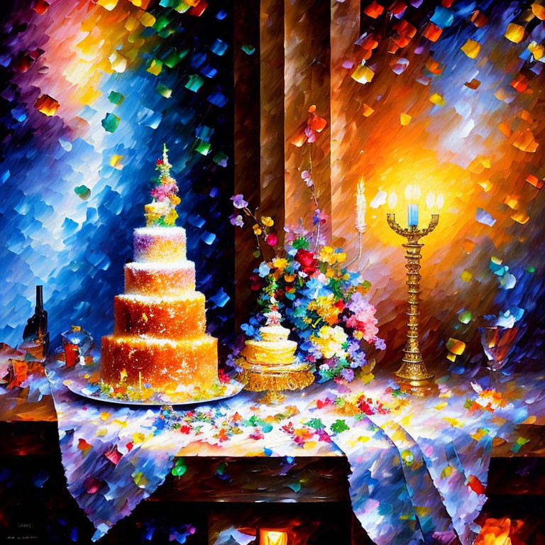 Vibrant impressionistic painting of tiered cake, flowers, candelabra, and confetti