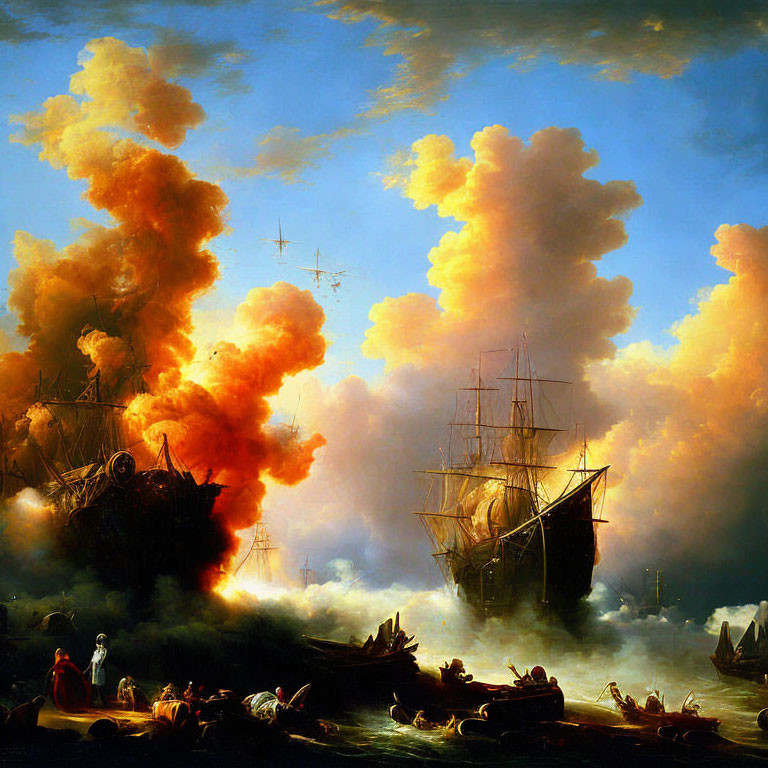 Maritime oil painting: naval ships in battle with smoke plumes