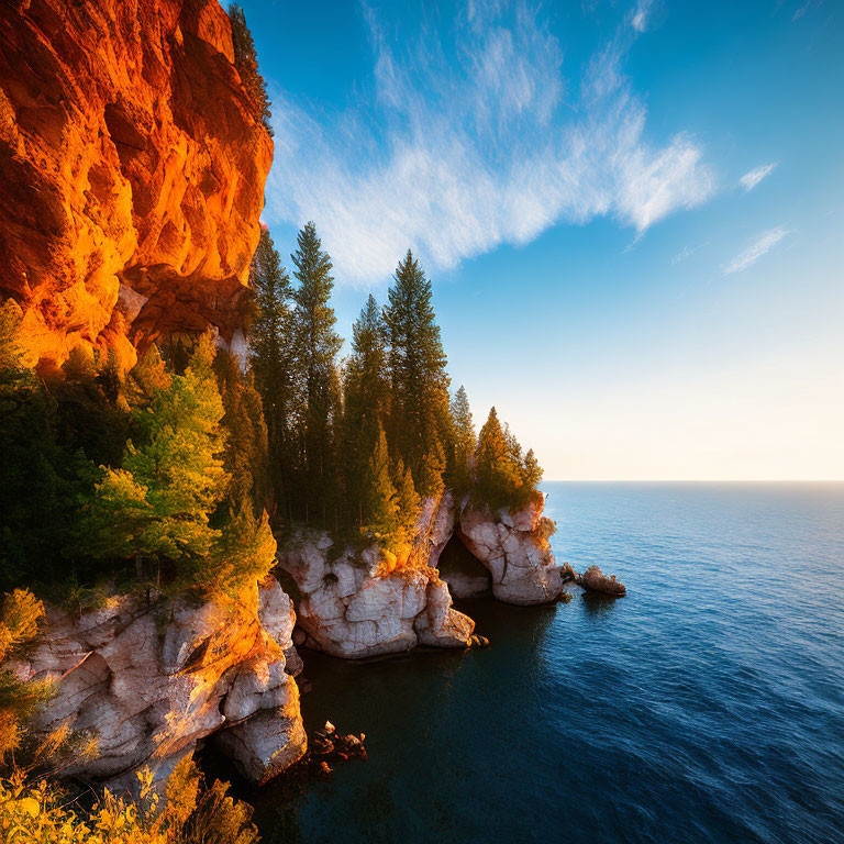 Golden sunrise over red cliffs and green trees by serene blue waters