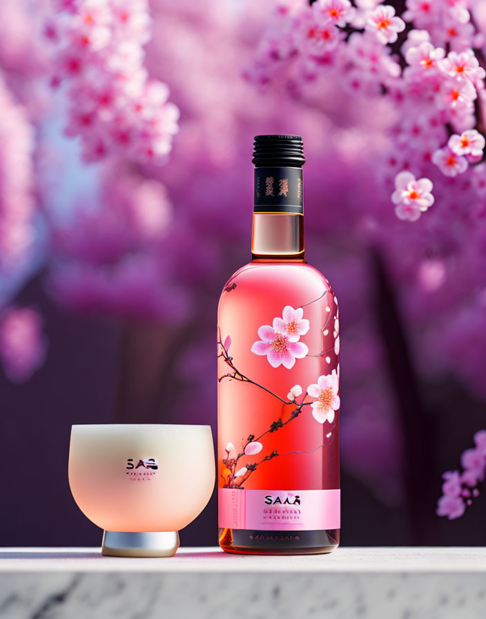 Sakura-themed Beverage with Cherry Blossoms Background