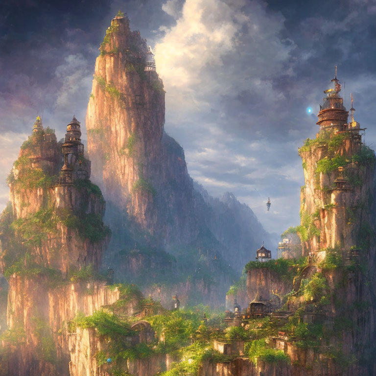 Ancient temples on mystical towering cliffs in lush greenery