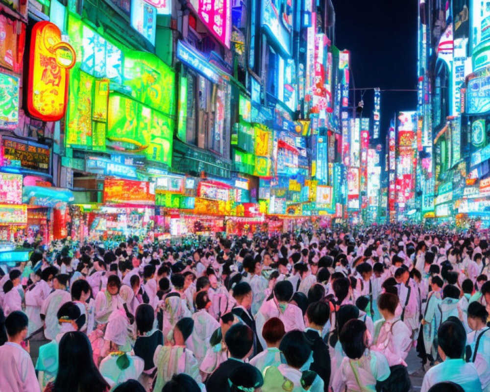 Vibrant neon-lit street scene with crowd and colorful signage