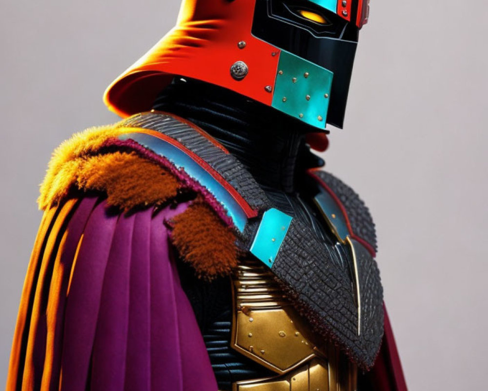 Colorful Helmet and Armor with Purple Cape: Futuristic Warrior Aesthetic