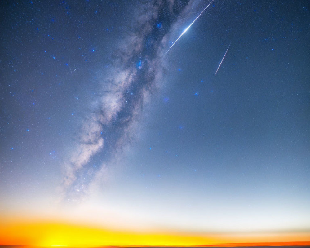 Colorful sunset horizon with starry sky featuring Milky Way and shooting stars