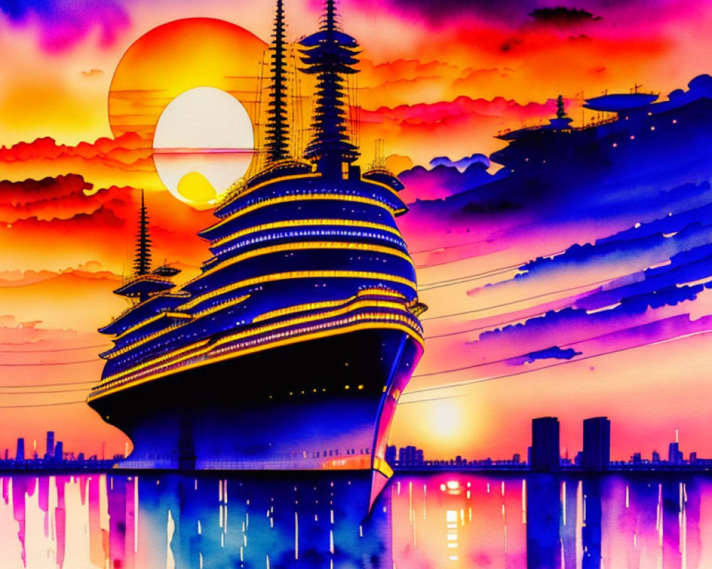 Futuristic ship artwork with colorful sunset backdrop