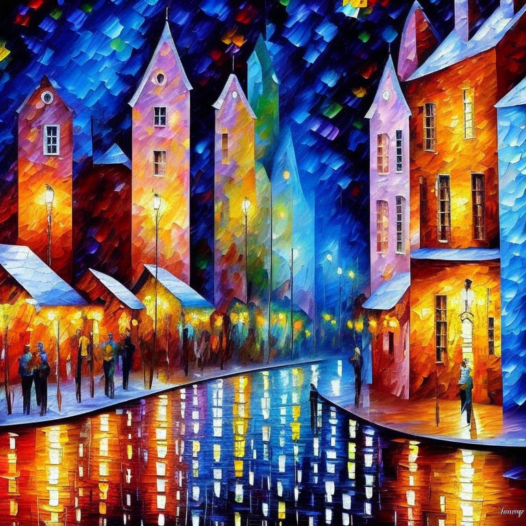 Vibrant painting of bustling night street scene with colorful houses and people walking.