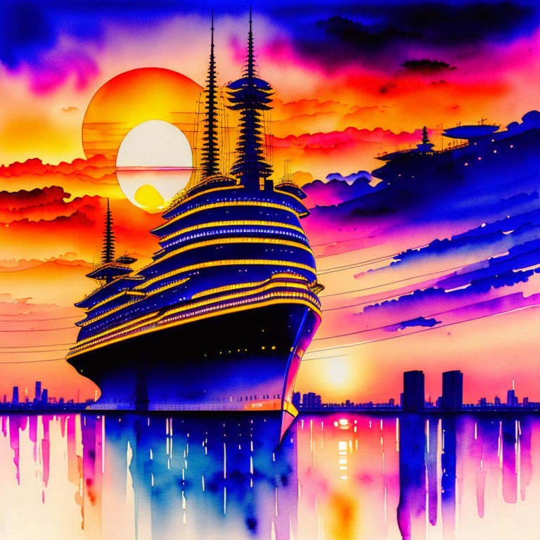 Futuristic ship artwork with colorful sunset backdrop