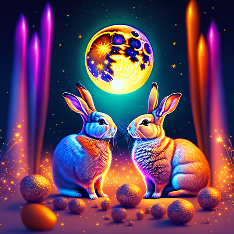 Rabbits under glowing moon with colorful lights & mystical orbs