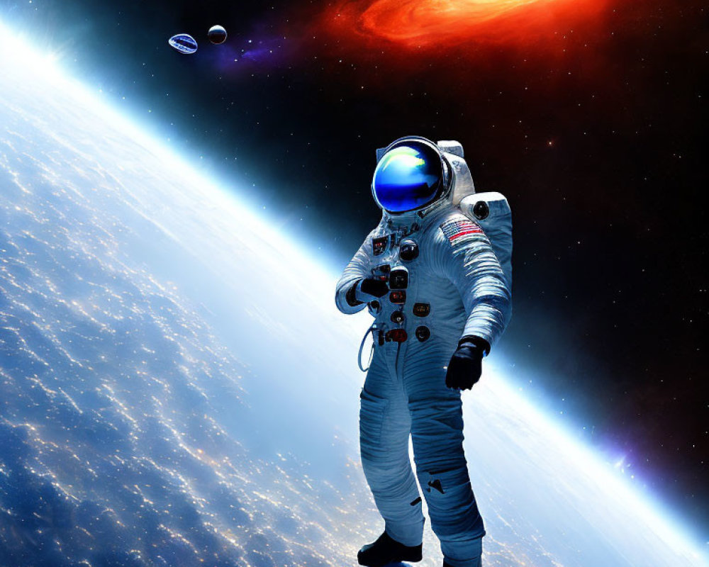 Astronaut in space suit floating above Earth with nebula and planets.