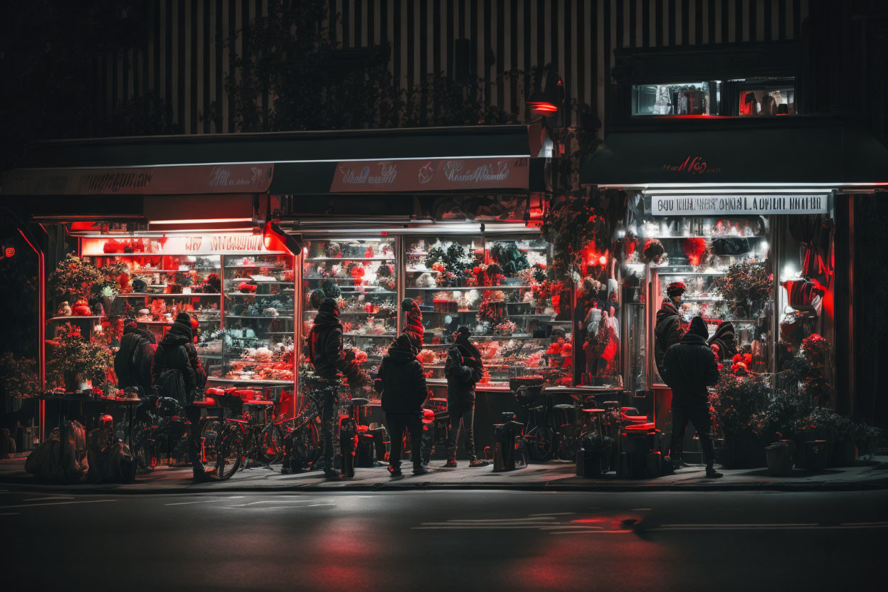 Nighttime street view of a bustling flower shop with warm lights and people browsing floral arrangements.