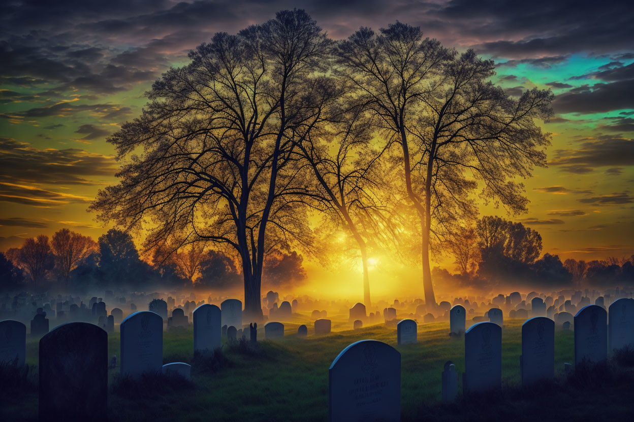 Serene cemetery at sunrise with backlit tombstones and silhouetted trees