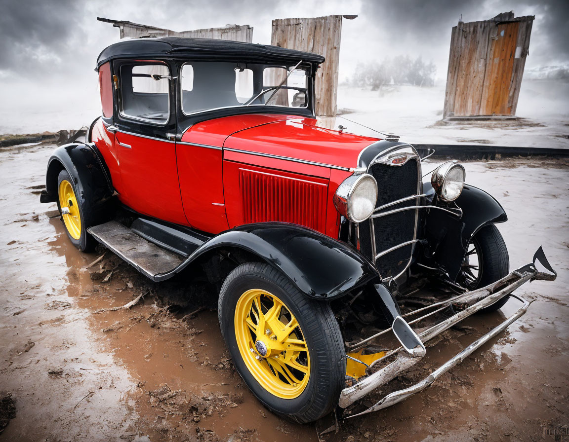 Vintage Red and Black Car with Yellow-Spoked Wheels in Foggy Setting