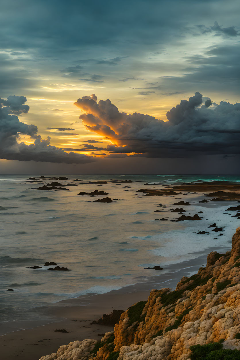 Dramatic coastal sunset with dark clouds over rocky shoreline